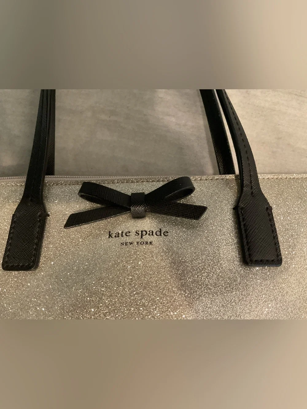 kate spade Glitter Tote in Ivory with Black Handles